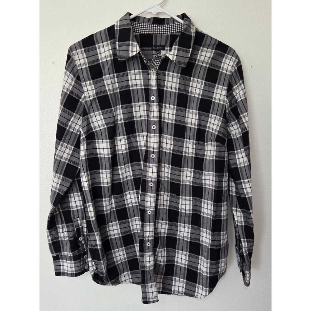 Talbots Plaid Button Down Shirt Women Large 100% Cotton Long Sleeve Black White